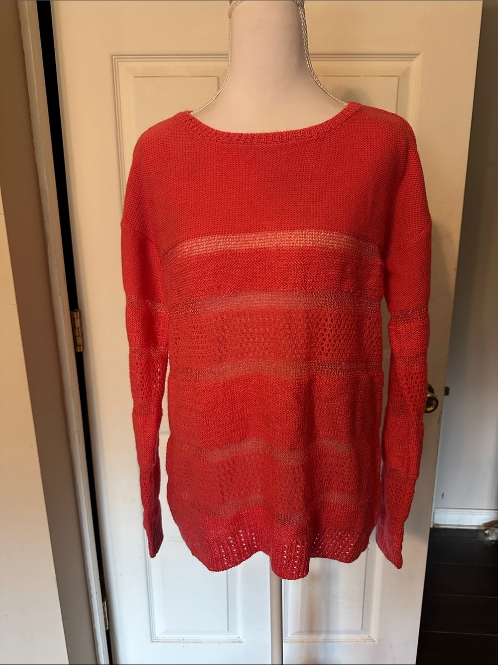 Coral Open-Stitch Crewneck Sweater